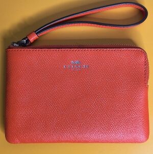 Coach Red Orange Pebbled Leather Wristlet Wallet Zip Around Compact Organizer